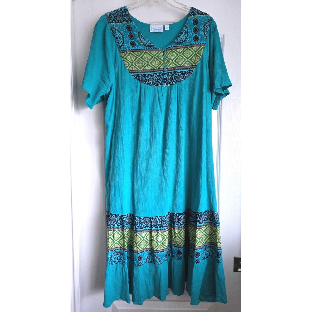 National Teal Cotton Crinkle Gauze Boho Midi Dress Short Sleeve Geometric Sz L‎